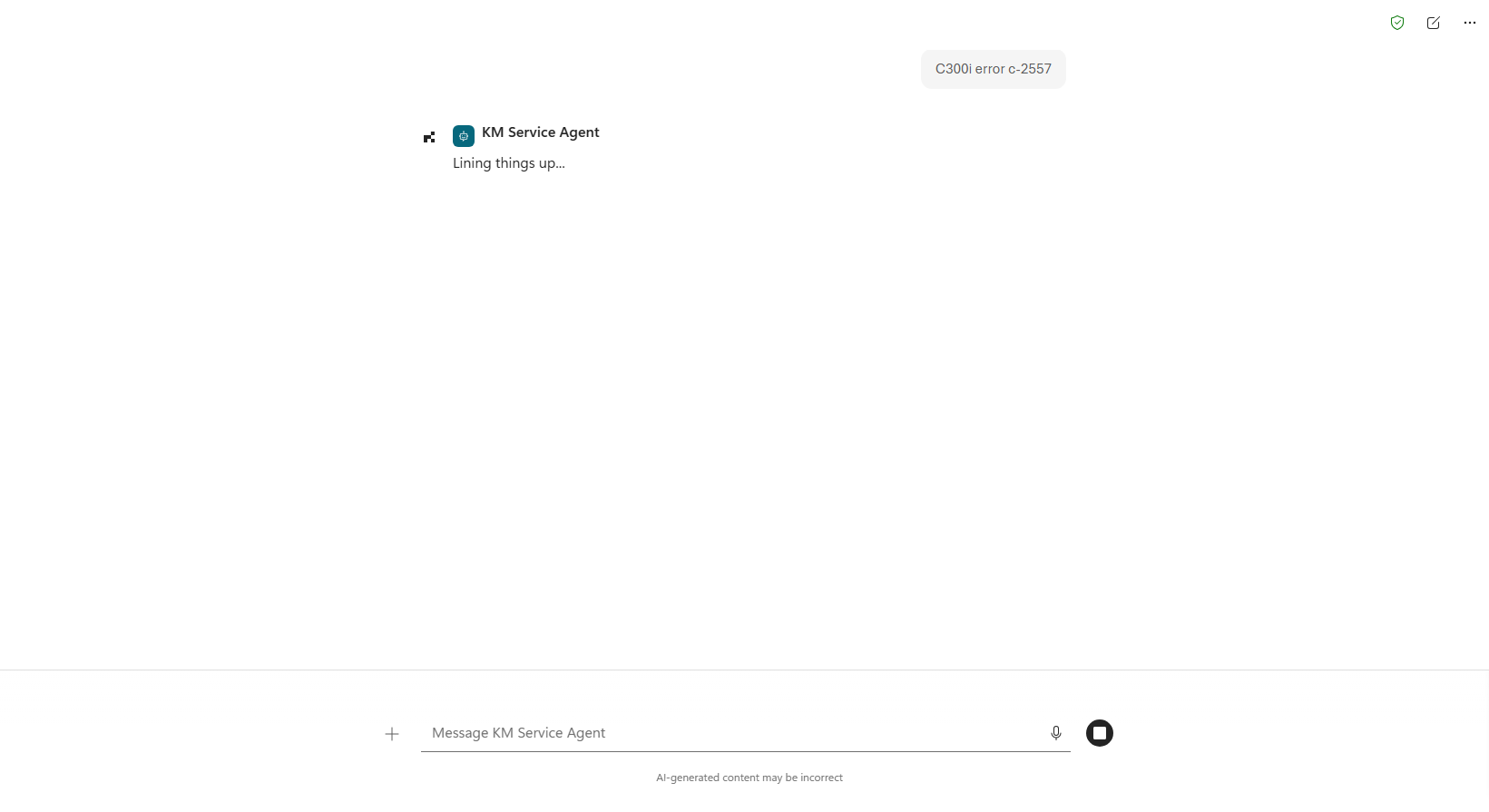 A technician asks the KM Service Agent about an error code.