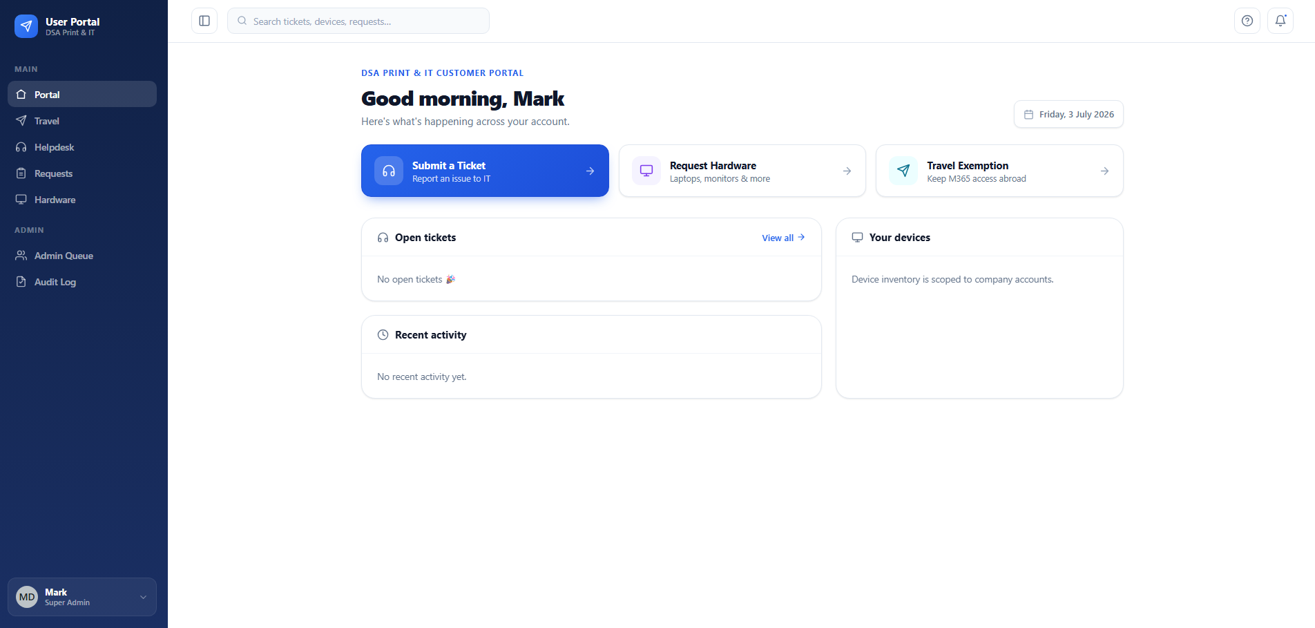 DSA Customer Portal dashboard showing helpdesk tickets, hardware requests and travel exemptions